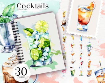 May include: A watercolor illustration set of 30 cocktail clipart images. The set includes a variety of cocktails, including a mojito, a margarita, and a cosmopolitan. The illustrations are perfect for use in digital and print projects.