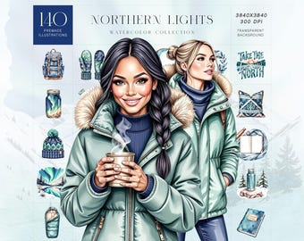Northern Lights Watercolor Clipart Set with Arctic Winter Landscape and Aurora Illustrations