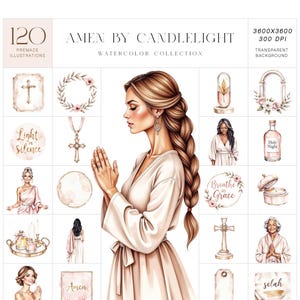 Conjunto de imágenes prediseñadas "Amén a la luz de las velas", imágenes PNG de acuarela inspiradas en la fe con paz cálida, energía femenina y quietud espiritual, para uso comercial.
