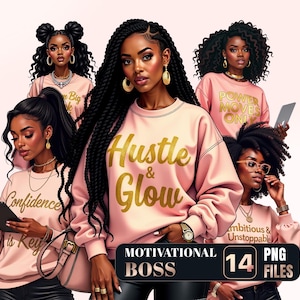 Pacchetto PNG Boss motivazionale, Clipart imprenditrice donna nera, PNG donna d'affari sicura di sé, Clipart ragazza boss afro, Download digitale