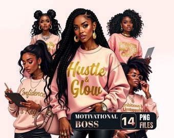 Motivational Boss PNG Clipart Bundle, Black Woman Entrepreneur (Digital Download)
