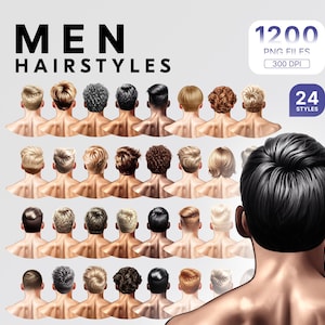 Ensemble de cliparts coiffures hommes, 1200 fichiers PNG avec 24 styles, haute qualité 300 ppp, illustrations numériques de cheveux, usage Commercial