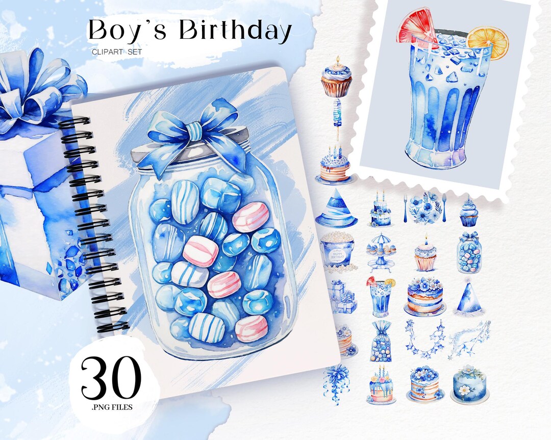 Boy's Birthday Clipart Set, Blue Party PNG, Watercolor Birthday Clipart ...