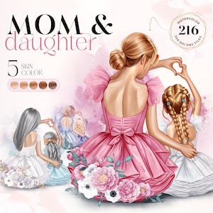Mom and Daughter Watercolor Clipart Bundle – 216 DIY Portrait Creator PNG Files, 5 Skin Tone Variations, Floral Designs