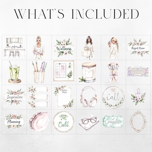 May include: Watercolor illustrations of various items, including a kitchen scene, a woman, floral arrangements, a drink, pens, a calendar, a candle, makeup brushes, a keyboard, headphones, and a seashell. Text includes "What's Included".