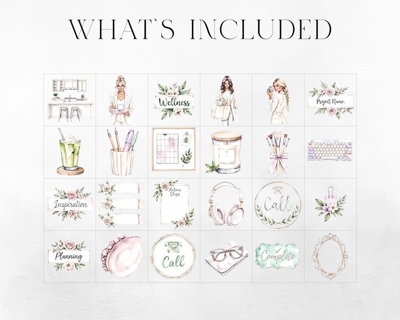 May include: Watercolor illustrations of various items, including a kitchen scene, a woman, floral arrangements, a drink, pens, a calendar, a candle, makeup brushes, a keyboard, headphones, and a seashell. Text includes "What's Included".