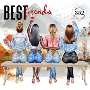 Bundle de créateur de portrait bricolage aquarelle meilleurs amis - 352 fichiers PNG, clipart Bff bricolage, tenues en jean, usage Commercial