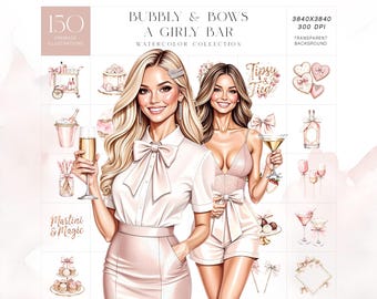 Girly Bar Clipart Kit, Champagne Cocktail Watercolor Set