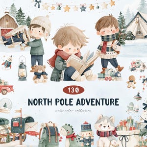 Puede incluir: Una colección de acuarelas titulada 130 NORTH POLE ADVENTURE con ilustraciones de niños con ropa de invierno, un avión de juguete, un tren, un trineo, un buzón, un árbol de Navidad, un husky, un hombre de jengibre y varios artículos navideños.