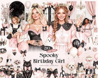 Spooky Birthday Girl Watercolor Clipart Bundle, 210 Pink Halloween PNGs