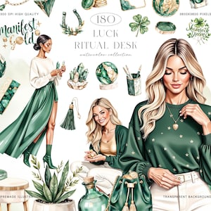 Puede incluir: Ilustraciones en acuarela con el tema de la suerte y los rituales. La imagen presenta mujeres, cristales y amuletos de la suerte. La paleta de colores incluye tonos verdes y dorados. El texto incluye "Manifest Gold", "Luck Ritual Desk" y "Shamrock Dreams".