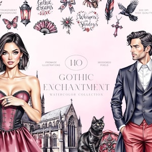 Gothic Enchantment Watercolor Clipart Set, 140 Dark Romantic PNG Illustrations for Gothic Aesthetic, Fantasy Vintage Art, Commercial Use