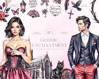 Gothic Clipart Kit, Dark Romantic Watercolor Set