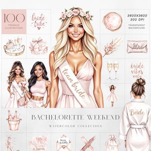 Set di clipart per il weekend di addio al nubilato, tribù di spose acquerellate, atmosfere da sposa di lusso, ragazze della squadra sposa, bevande, moda, uso commerciale