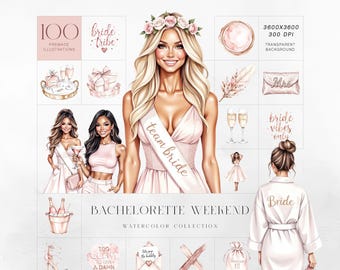 Kit de imágenes prediseñadas para despedida de soltera, conjunto de ilustraciones de boda en acuarela para el grupo de la novia.