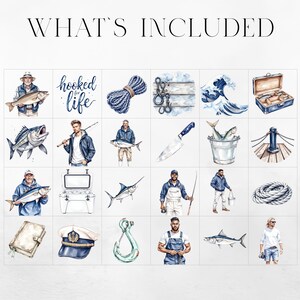 Pu&ograve; includere: Illustrazioni ad acquerello a tema pesca. L'immagine include pescatori, pesci, corde, un coltello, una scatola per attrezzi e un'onda. Il testo "What's Included" &egrave; in alto e "hooked for life" &egrave; scritto in corsivo.