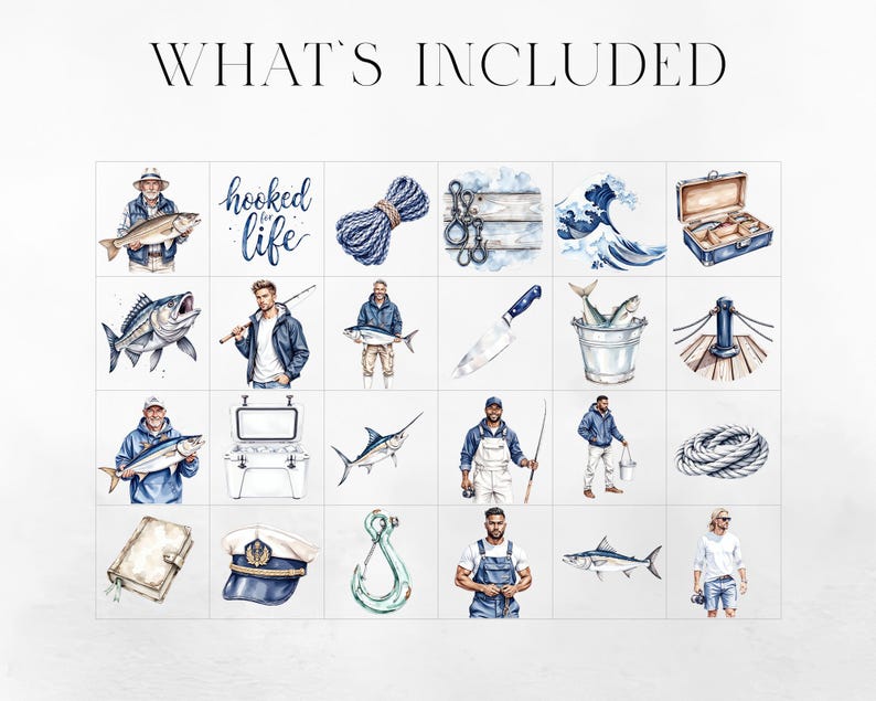 Pu&ograve; includere: Illustrazioni ad acquerello a tema pesca. L'immagine include pescatori, pesci, corde, un coltello, una scatola per attrezzi e un'onda. Il testo "What's Included" &egrave; in alto e "hooked for life" &egrave; scritto in corsivo.