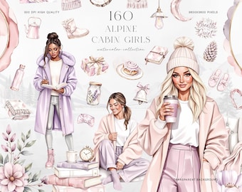 以下が含まれることがあります： 「160 Alpine Cabin Girls」と題されたデジタル水彩コレクション。冬の服装の女性のイラストと、本、コーヒーカップ、松ぼっくりなどのさまざまな居心地の良いアイテムが特徴です。カラーパレットは柔らかく、ピンクとラベンダーの色合いです。