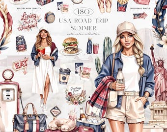 USA Road Trip Clipart Kit, Summer Travel Lifestyle Watercolor Set