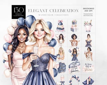 Glam Party Clipart Kit, Fashion Girls, Champagne Balloon Watercolor Set