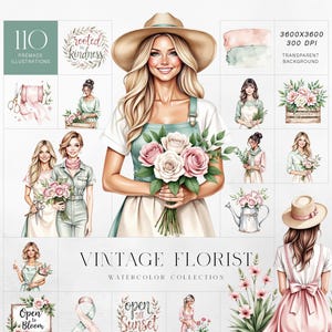Conjunto de imágenes prediseñadas de floristería vintage: chica de floristería en acuarela, arreglos florales, herramientas y citas románticas, uso comercial.