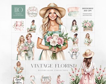 Kit di clipart vintage per fioristi, set di acquerelli botanici per negozio di fiori