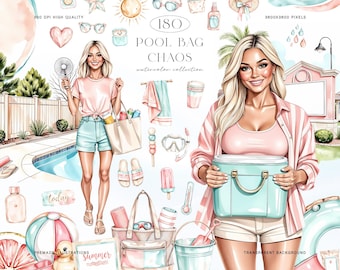 Pool Bag Chaos Watercolor Clipart, Summer Mom PNG