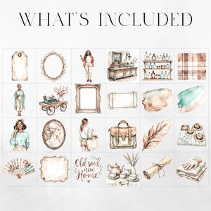 May include: Watercolor illustrations of various vintage-themed objects, including a tag, oval frame, woman, cabinet, shelves, plaid pattern, woman, typewriter, frame, watercolor, woman, purse, feather, hats, fan, sign, tea set, scroll, and gloves. Text reads "WHAT'S INCLUDED".