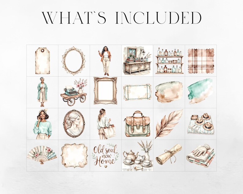 May include: Watercolor illustrations of various vintage-themed objects, including a tag, oval frame, woman, cabinet, shelves, plaid pattern, woman, typewriter, frame, watercolor, woman, purse, feather, hats, fan, sign, tea set, scroll, and gloves. Text reads "WHAT'S INCLUDED".