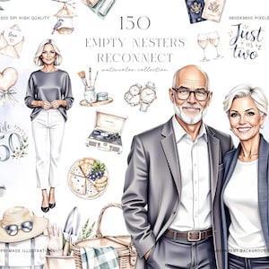 Op de afbeelding: Waterverfillustraties met een ouder echtpaar en lifestyle-elementen. De afbeelding bevat de tekst "150 EMPTY NESTERS RECONNECT watercolor collection". Andere elementen zijn een platenspeler, horloges en golfclubs.