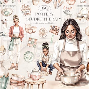 May include: Watercolor illustration titled "Pottery Studio Therapy" featuring women working with clay, pottery tools, and finished pieces. The image includes text: "Clay under nails, calm in mind" and "Craft is my therapy".