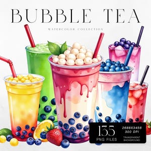 Bubble Tea Clipart Bundle, 135 Aquarell PNG Dateien, bunte Boba Tea Illustrationen, Drink Grafiken, kommerzielle Nutzung