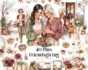 40 Plus Friendsgiving Watercolor Clipart Bundle, 220 Autumn Women PNGs