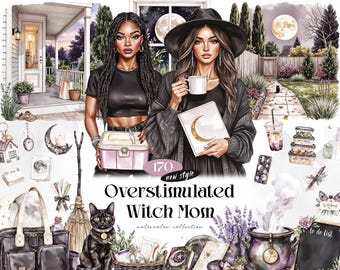Overstimulated Witch Mom Watercolor Clipart Bundle, 170 Cozy Halloween PNGs