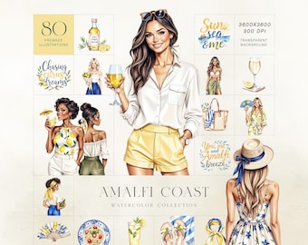 Kit de cliparts Côte amalfitaine, ensemble d'aquarelles estivales italiennes