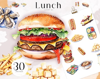 Watercolor Lunch Clipart Set, Fast Food Illustrations (Digital Download)