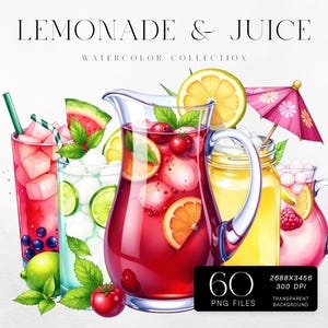 Lemonade and Juice Clipart Bundle, 60 Watercolor Fruit Drink PNGs with Ice Citrus and Berries, Commercial Use