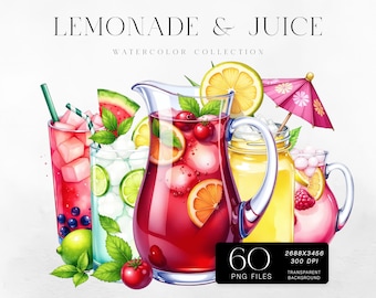 Watercolor Lemonade Clipart Bundle, Fruit Drink PNGs (Commercial Use)