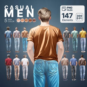 Casual Men Portrait Ersteller Clipart - 147 PNG-Elemente, 5 Hautfarben, DIY Design, hochwertige 300 dpi digitale Kunst für individuelle Projekte