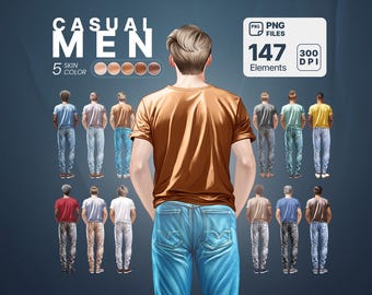 Può includere: Una collezione di 147 illustrazioni di uomini casual in formato PNG, con 5 diversi toni della pelle. Le illustrazioni sono a 300 DPI e presentano diverse pose e stili di abbigliamento.