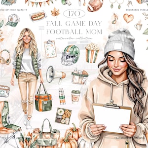 May include: A digital watercolor collection titled 170 FALL GAME DAY FOOTBALL MOM featuring illustrations of people, a football helmet, megaphone, popcorn, pumpkins, a folding chair, tote bags, and floral accents on a white background.