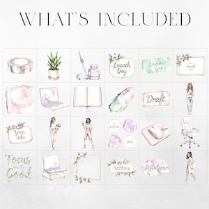 May include: Watercolor illustrations of office and planner supplies, including a laptop, pen, ink, washi tape, and a potted plant. The image also features text that says "What's Included", "Launch Day", "Admin Tasks", "Focus on the Good", "Draft", "Archive", and "Reflections".