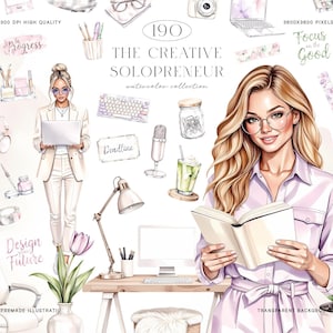 May include: Watercolor illustration featuring a collection of creative solopreneur elements. The image includes a woman with glasses, a laptop, desk accessories, and text that reads "The Creative Solopreneur." The color palette is soft, with pastel pinks, greens, and whites.
