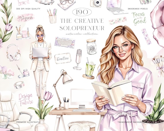 Female Entrepreneur Clipart Kit, Creative Business Woman Watercolor Set