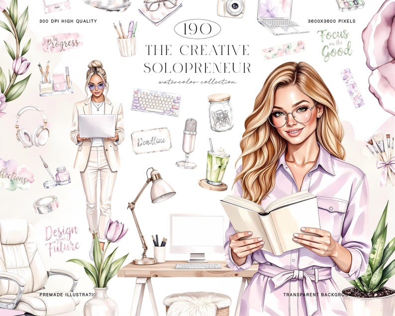 May include: Watercolor illustration featuring a collection of creative solopreneur elements. The image includes a woman with glasses, a laptop, desk accessories, and text that reads "The Creative Solopreneur." The color palette is soft, with pastel pinks, greens, and whites.