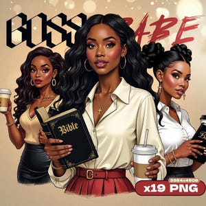 Könnte beinhalten: Drei Frauen mit dunklem Haar und Make-up tragen weiße Hemden und halten Kaffeetassen und Bibeln. Die Frau in der Mitte trägt einen roten Rock und eine goldene Kette mit einem Kreuzanhänger um den Hals. Der Text "Boss Babe" befindet sich im Hintergrund.