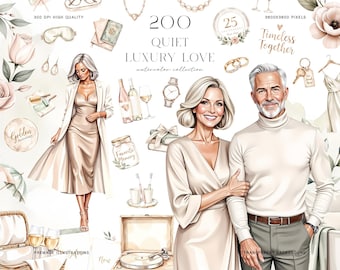 Quiet Luxury Love Watercolor Clipart Set, Elegant Anniversary Couple Illustration Bundle