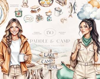 Camping Clipart Kit, Outdoor Adventure Watercolor Set