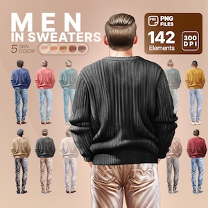 Männer in Pullover Clipart Bundle, 142 PNG-Dateien, 5 Hautton-Optionen, digitale Modeillustrationen, Rückansicht, 300 DPI hochwertig