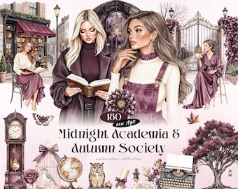 Midnight Academia & Autumn Society Watercolor Clipart, 180 Dark Academia PNGs